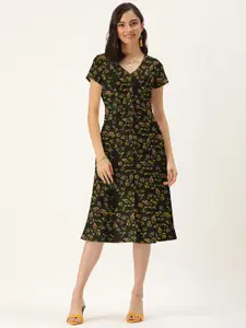DressBerry Women Black V Neck Floral A-Line Dress