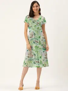 DressBerry Women Green V Neck Floral A-Line Dress