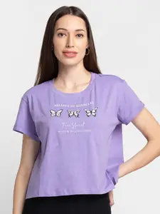 Globus Women Lavender Typography Printed Cotton T-shirt