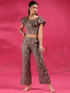 JISORA Women Brown & Grey Printed Pure Cotton Crop Top & Trouser Co-Ord Set