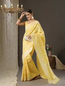 Saree mall Yellow & Silver-Toned Woven Design Silk Cotton Banarasi Sarees