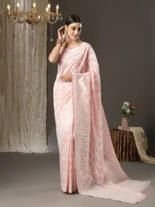 Saree mall Peach-Coloured & Silver-Toned Woven Design Silk Cotton Banarasi Sarees