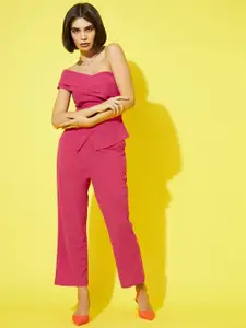 Athena Women Fuchsia Solid One Shoulder Top and Trousers