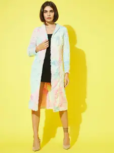 Athena Women Blue & Pink Tie And Dye Printed Wool Longline Open Front Shrug