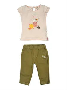 Gini and Jony Infants Girls Khaki & Pink Printed T-shirt with Trouser