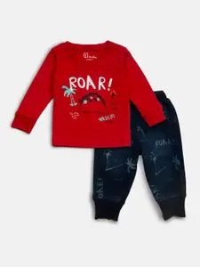 Gini and Jony Infants Boys Red & Blue Printed T-shirt with Trouser
