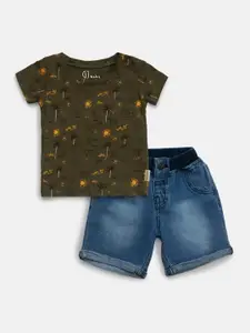 Gini and Jony Boys Blue & Olive Green Printed T-shirt with Short