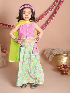 LIL PITAARA Girls Pink & Blue Printed Ready to Wear Pure Cotton Lehenga Choli With Dupatta