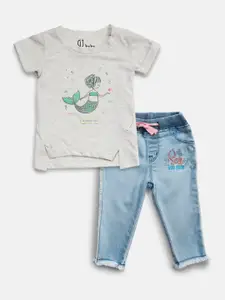 Gini and Jony Girls Off White & Blue Printed T-shirt with Trouser