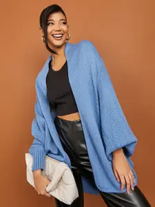 Styli Women Blue Ribbed Front-Open Longline Sweater