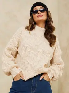 Styli Women Beige Self Design Cable Knit Pullover
