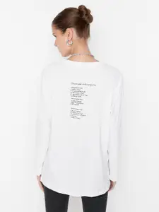 Trendyol Women White Typography Printed Extended Sleeves T-shirt