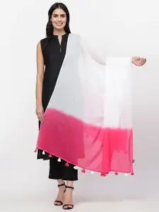 Anekaant Women White & Pink Dyed Ombre Cotton Scarf
