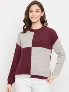 Madame Women Maroon & Grey Colourblocked Pullover with Fuzzy Detail
