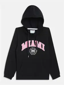 METTLE Girls Black Printed Hooded Sweatshirt