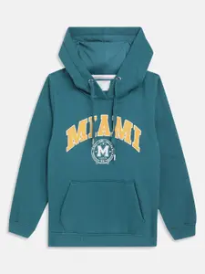 METTLE Girls Green Printed Hooded Sweatshirt