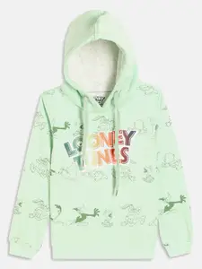 METTLE Girls Green Printed Hooded Sweatshirt