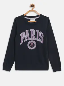 METTLE Girls Navy Blue Printed Fleece Sweatshirt
