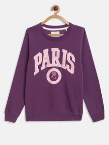 METTLE Girls Purple Printed Fleece Sweatshirt