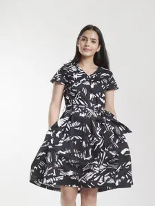 PowerSutra Black Printed Fit & Flare Cotton Dress