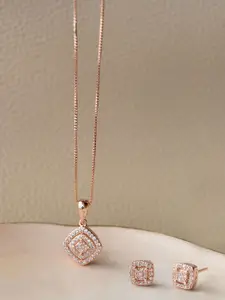 MANNASH Rose Gold Rose Gold Plated Square Sterling Silver CZ Pendant Set With Chain