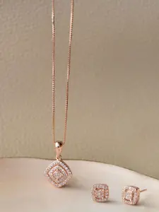 MANNASH Rose Gold Rose Gold Plated Square Sterling Silver CZ Pendant Set With Chain
