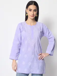 PARAMOUNT CHIKAN PARAMOUNT CHIKAN Lavender & White Ethnic Motifs Embroidered Chikankari Pure Cotton Kurti