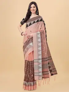 Mitera Peach-Coloured & Grey Floral Pure Linen Banarasi Saree