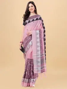 Mitera Pink & Silver-Toned Floral Pure Linen Banarasi Saree