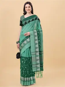 Mitera Green & Grey Floral Pure Linen Banarasi Saree