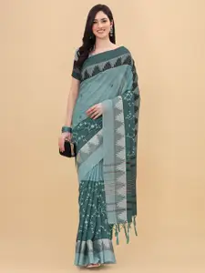 Mitera Blue & Grey Floral Embroidered Pure Linen Banarasi Saree