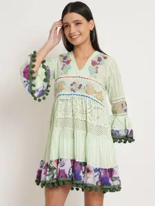 IX IMPRESSION Lime Green & Blue Floral Embroidered Cotton Dress