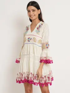 IX IMPRESSION Pink & Beige Floral Embroidered Cotton Dress