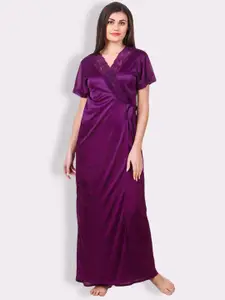Fasense Purple Solid Satin Maxi Nightdress