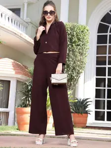 Sera Women Burgundy Solid Top With Trouser Co-Ord Set