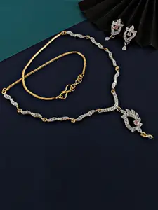 LUCKY JEWELLERY 18K Gold Plated American Diamond Sterling Silver Necklace with Earrings