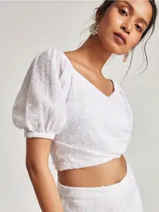 The Label Life White Net Crop Sequinned Puff Sleeve Top