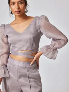 The Label Life Grey Wrap Crop Puff Sleeve Top