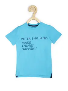 Peter England Boys Blue Typography Printed Cotton T-shirt