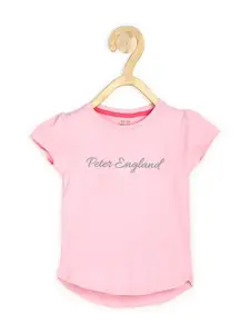 Peter England Girls Pink Brand Logo Printed Pure Cotton T-shirt