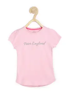 Peter England Girls Pink Brand Logo Printed Puff Sleeves Pure Cotton T-shirt