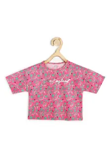 Peter England Girls Pink & Green Printed Pure Cotton T-shirt