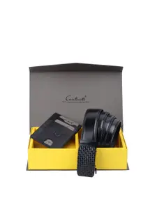 CONTACTS Men Black Solid Leather Belt & Card Holder Gift Set