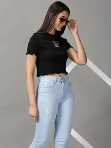 SHOWOFF Women Black Solid Fitted Crop Top