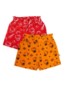 JusCubs Girls Pack of 2 Red & Orange Printed Hello Kitty Pure Cotton Shorts
