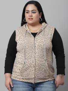 Rute Women Beige Printed Hooded Plus Size Fleece Sweatshirt