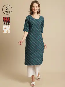 7Threads Pack Of 3 Geometric Printed Straight Crepe Kurtas