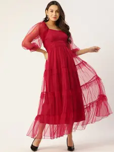 Antheaa Red Net Tiered Maxi Dress