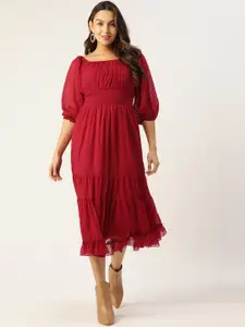 Antheaa Red Chiffon Smocked Midi Dress