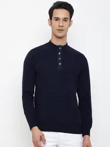 Cantabil Men Navy Blue Solid Wool Long Sleeves Pullover